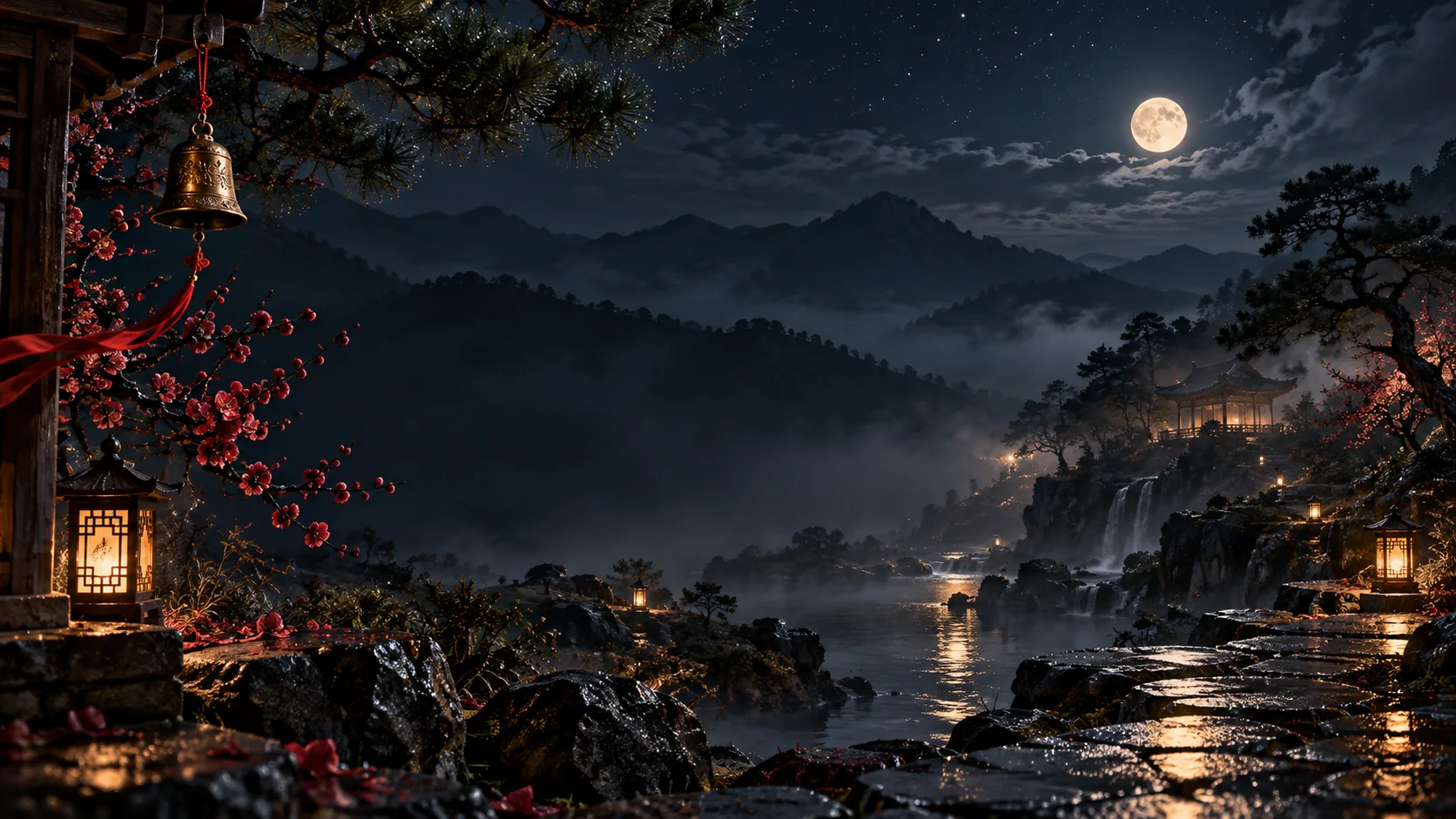 夜色中的庭院與流動的星光